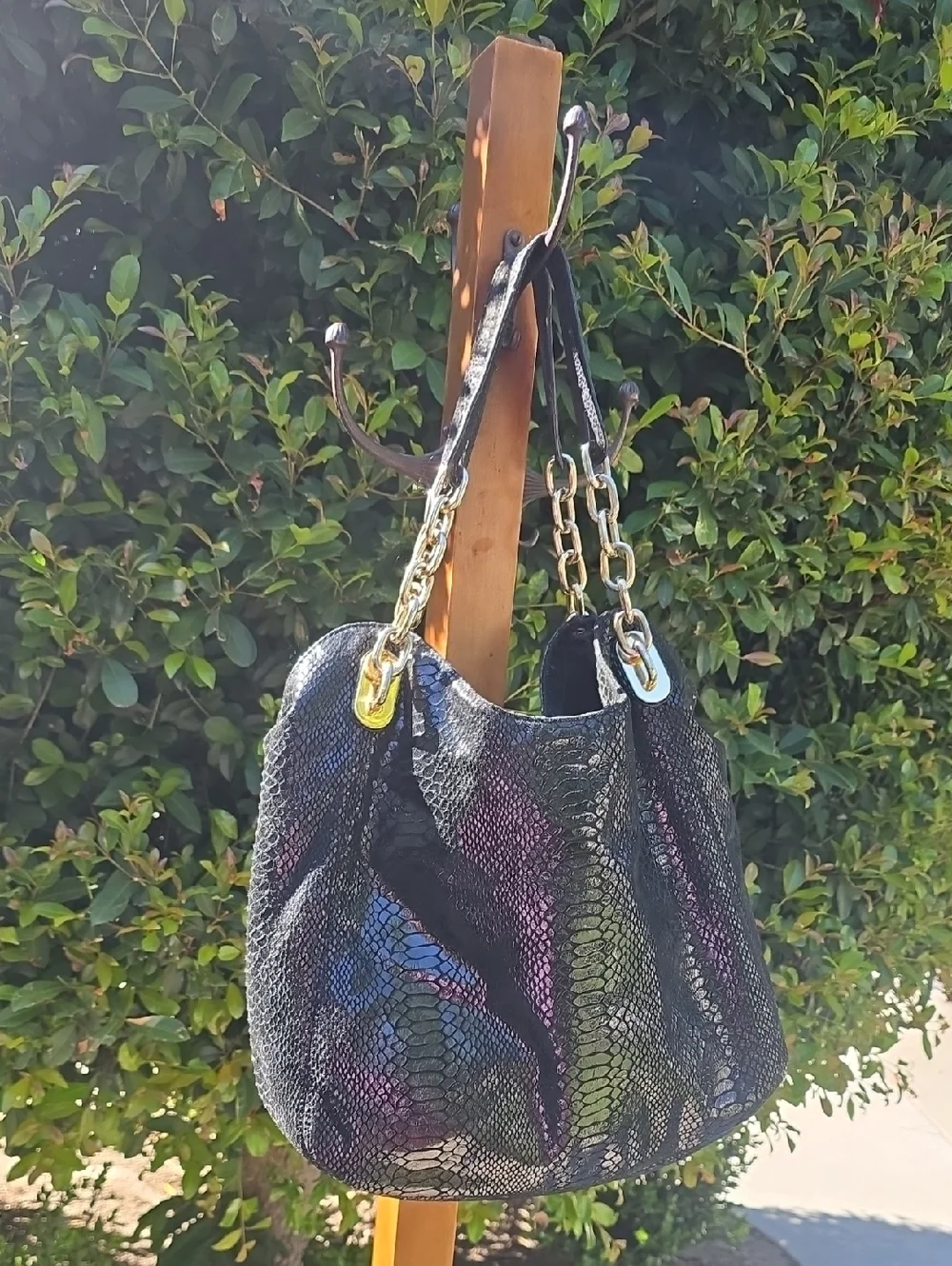 Black Multicolor Snake-Effect Chain Tote Bag